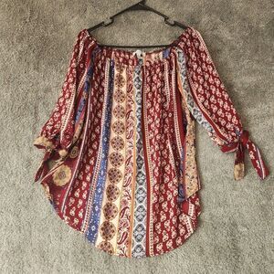 Moa Moa Womens Boho Tunic Size Small Multicolored Pheasant Blouse 3/4 Sleeve